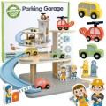 WOOPIE GREEN Drewniany Parking Piętrowy 2w1 Stacja Benzynowa z Autkami i Figurkami 12 el. FSC